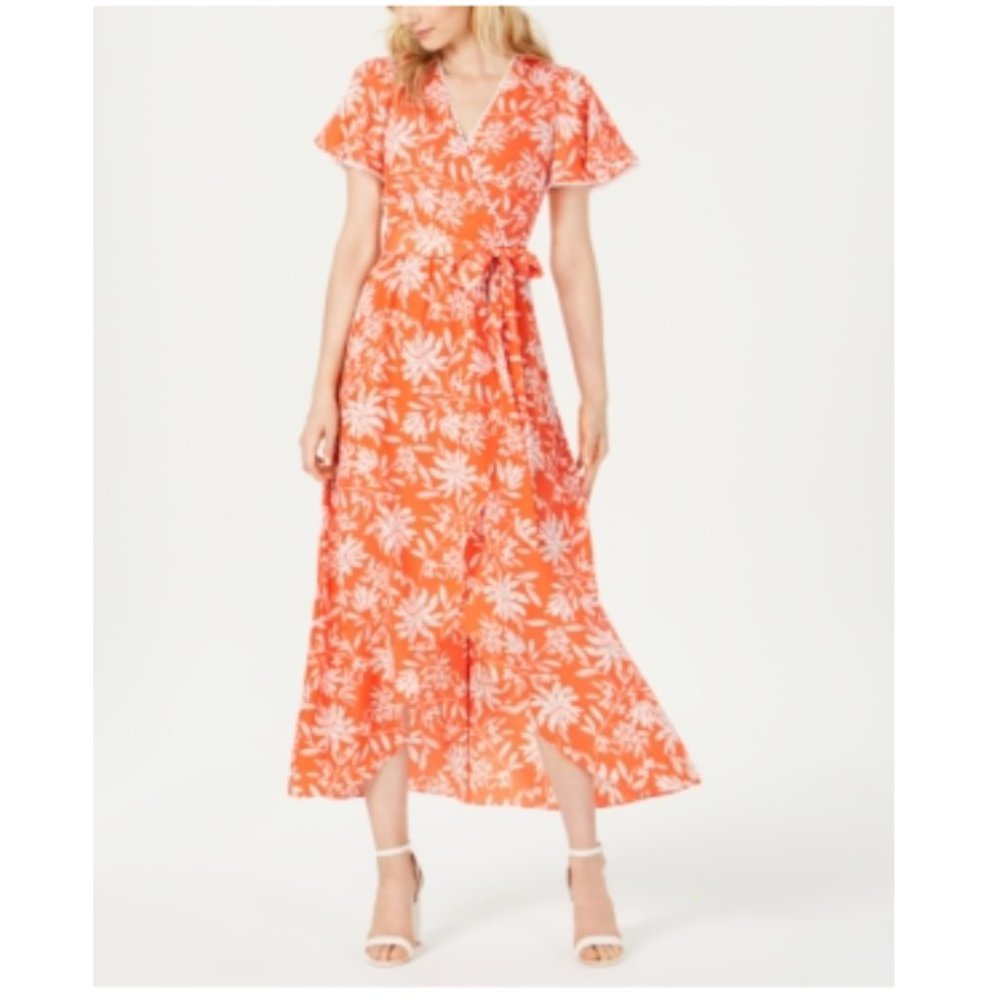 Vince Camuto Orange and White Floral Maxi Wrap Dress
